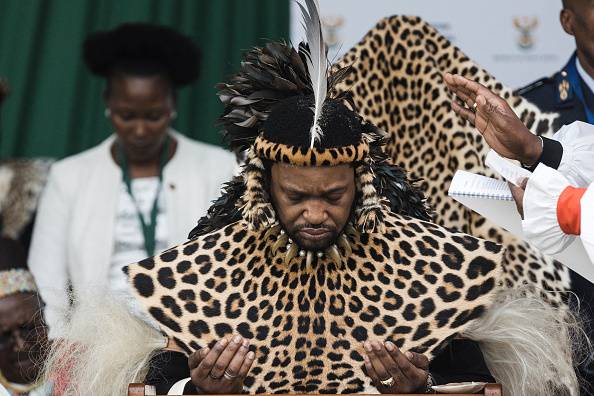 A Zulu king being presented with leopard skins