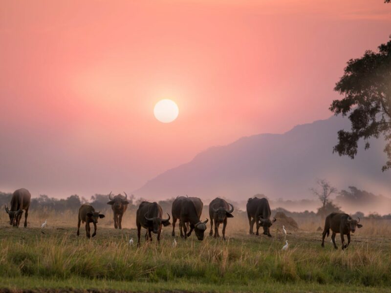 A herd of buffalo nearing a waterhole