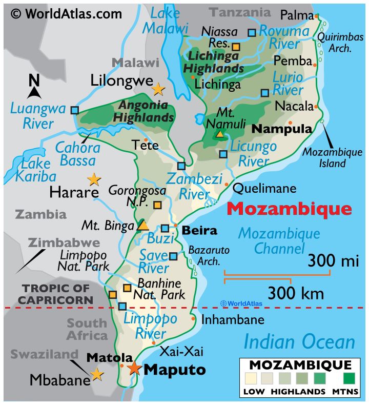 Map of Mozambique showing the different provinces and towns